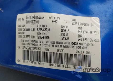 2007 Dodge Dakota St from USA, damaged, VIN 1D7HW22K87S271159